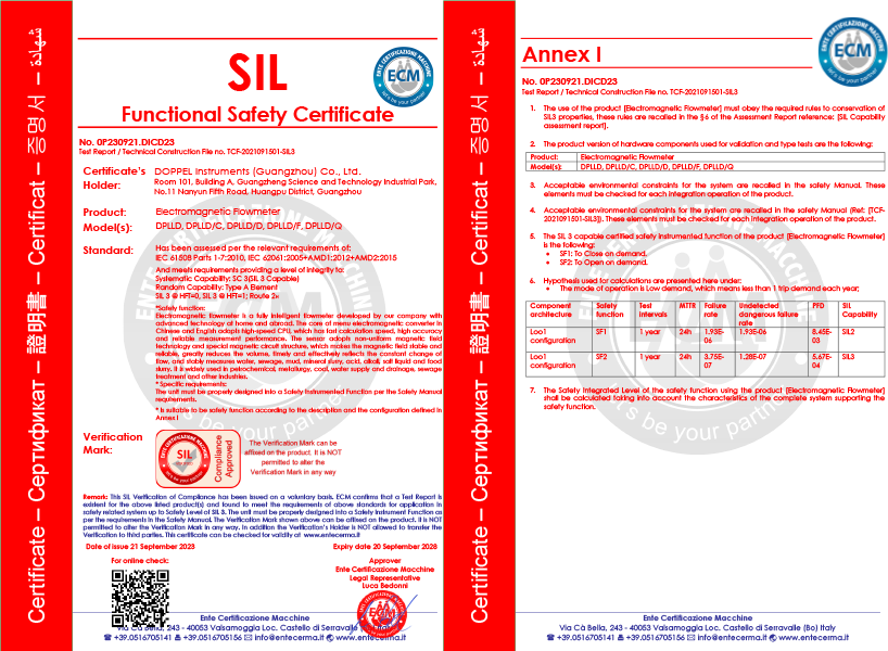電磁流量計SIL證書